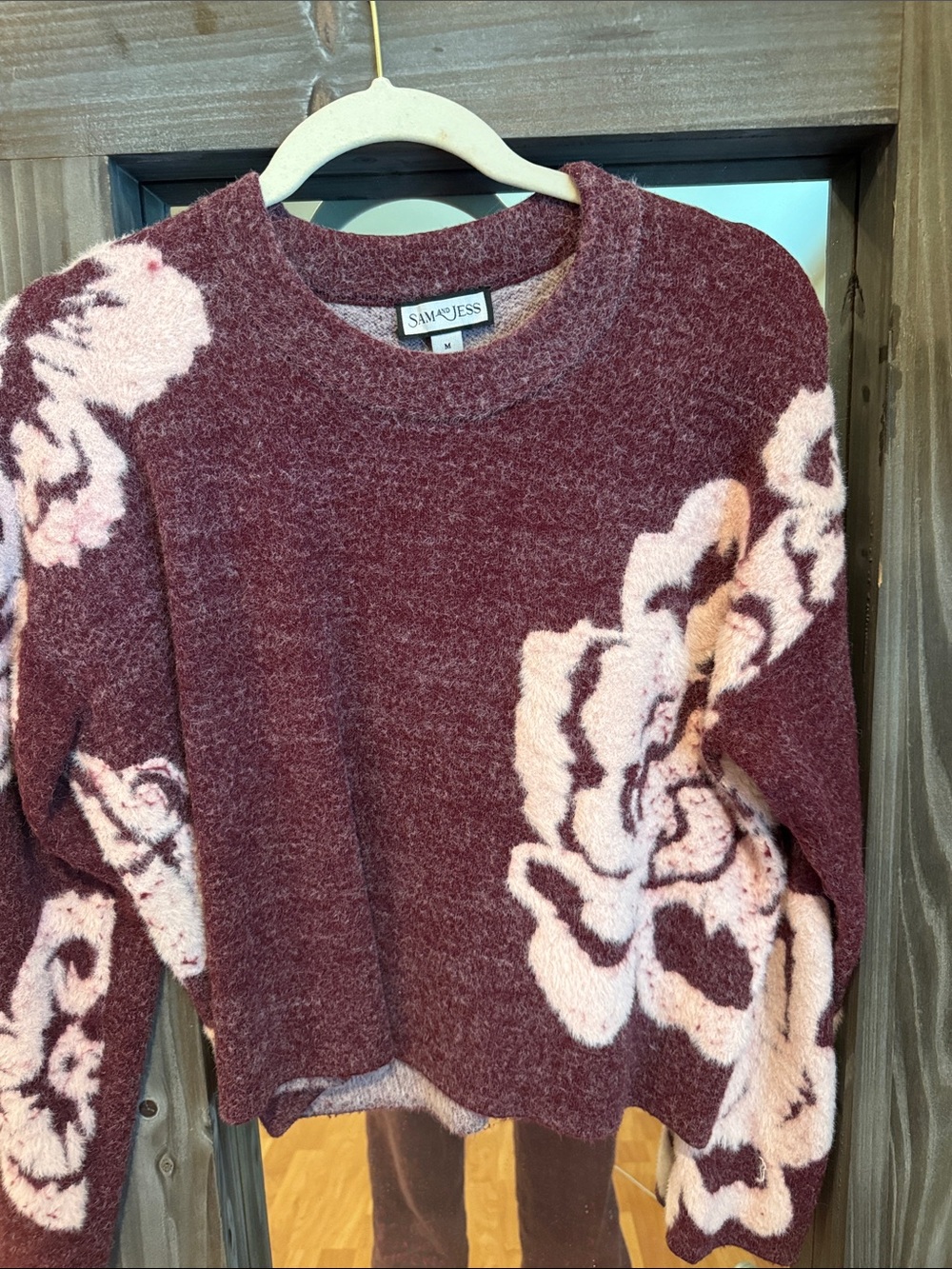 Sam & Jess Women's Maroon Floral Crewneck Sweater - Dusty Pink Blooms